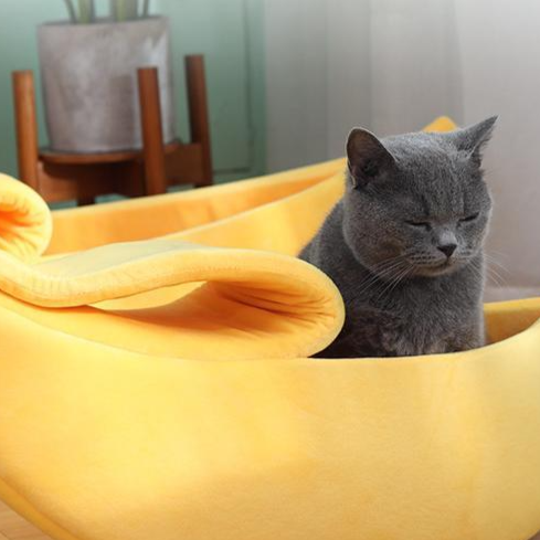 Banana boat shaped dog bed for cats and small dogs, close-up detail view