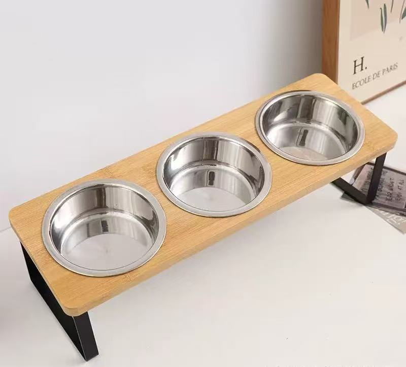 Bamboo and Wood Cat and Small Dog Bowl Set with Stainless Steel Inserts, Double or Triple