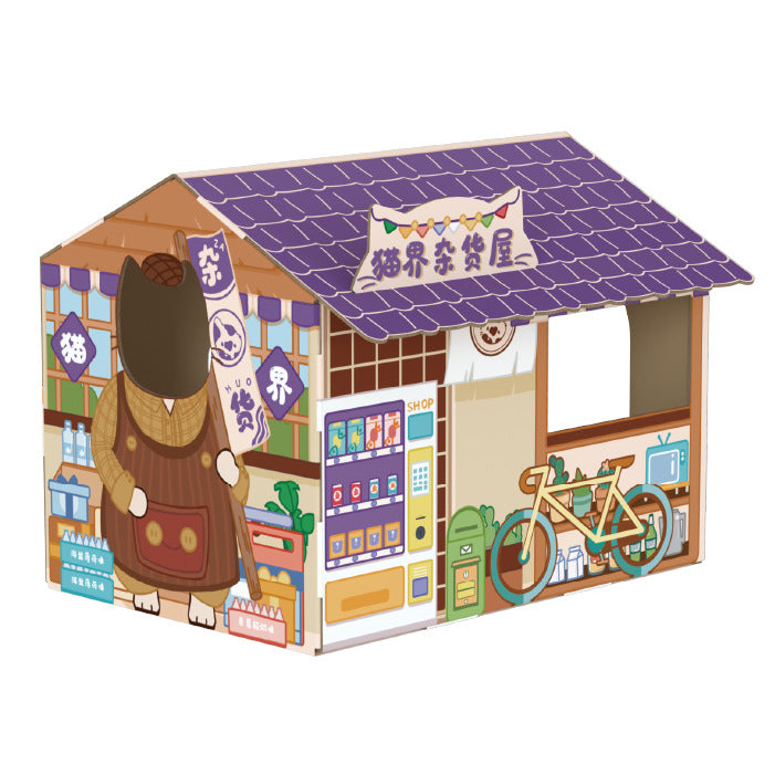Corrugated cardboard cat house with coffee shop front design, view 6