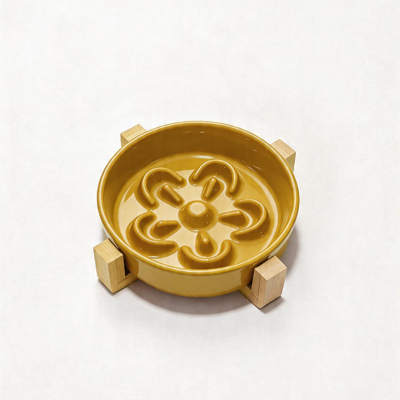 Flower-Shaped Ceramic Slow Feeder Pet Bowl with Wooden Stand for Cats and Dogs