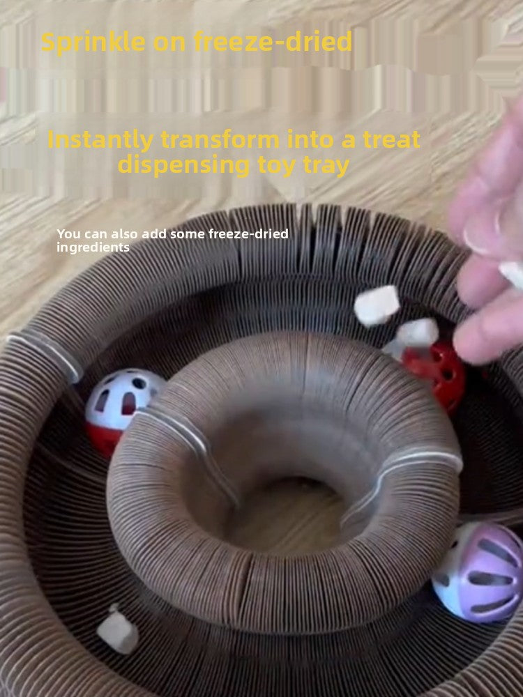 Round accordion corrugated cat scratcher toy with bell ball, view 4 of 10