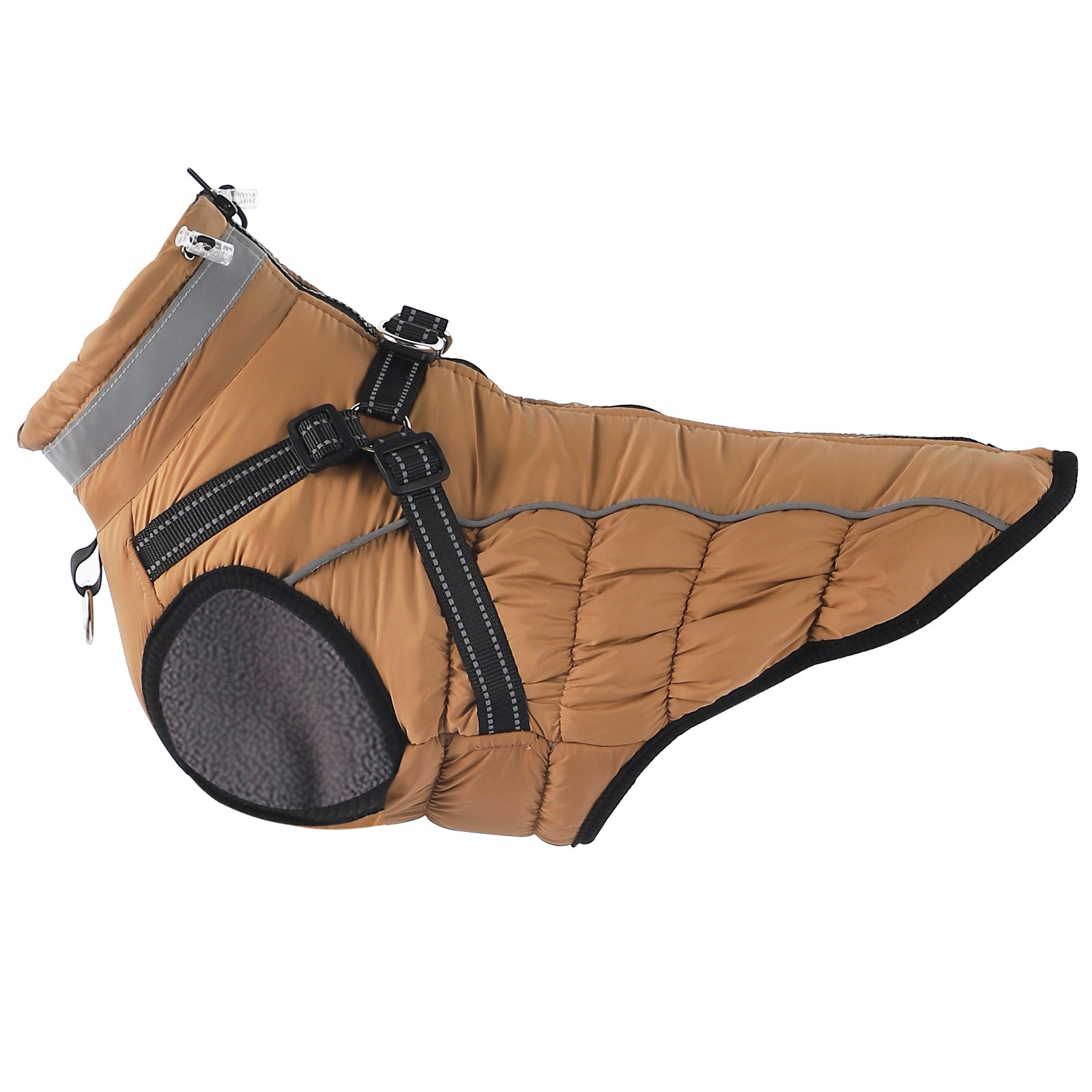 Fleece lined waterproof dog coat with reflective straps in Navy Blue, showing size and shape