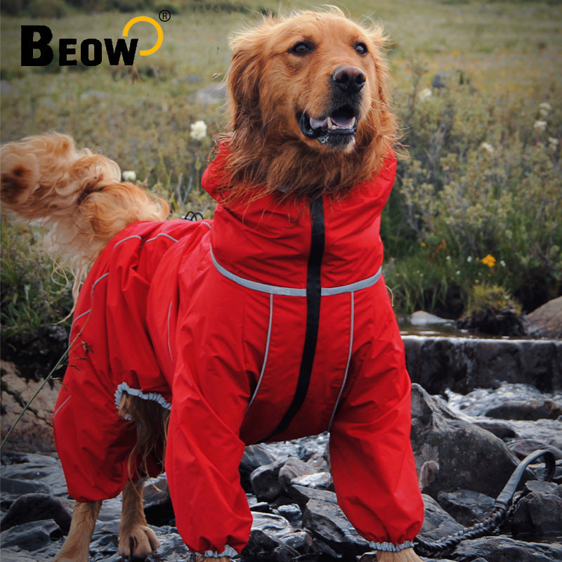 Waterproof four-leg windbreaker for large dogs in Red, front view