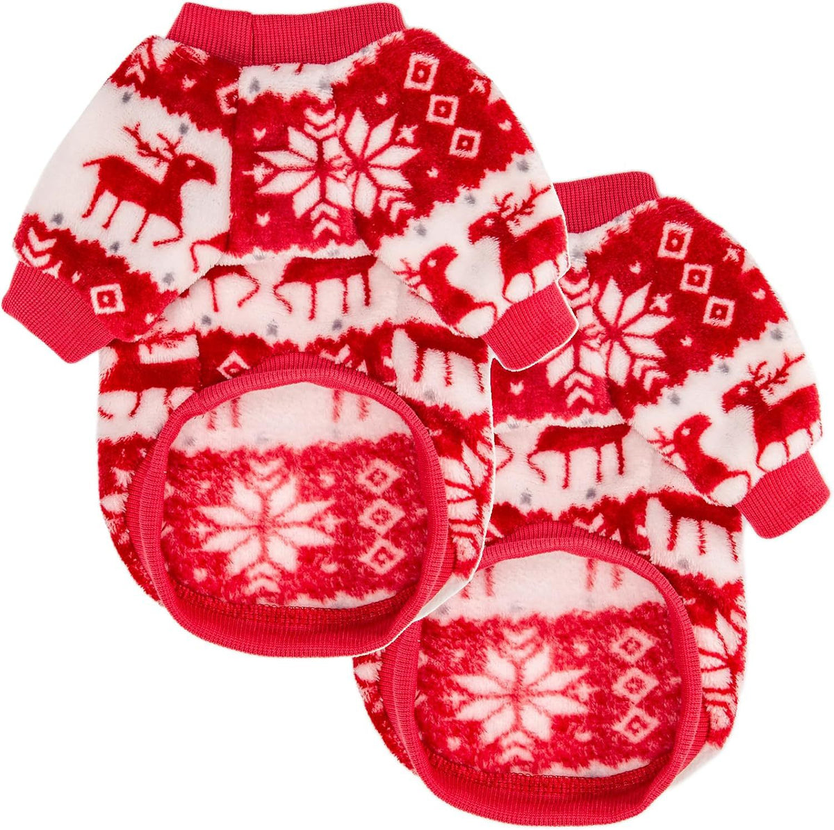 Coral velvet Christmas dog jumper with reindeer print in Red Deer, showing size and shape