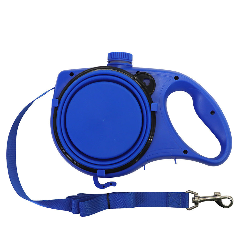 Dog lead with water bottle and food bowl, close-up detail view