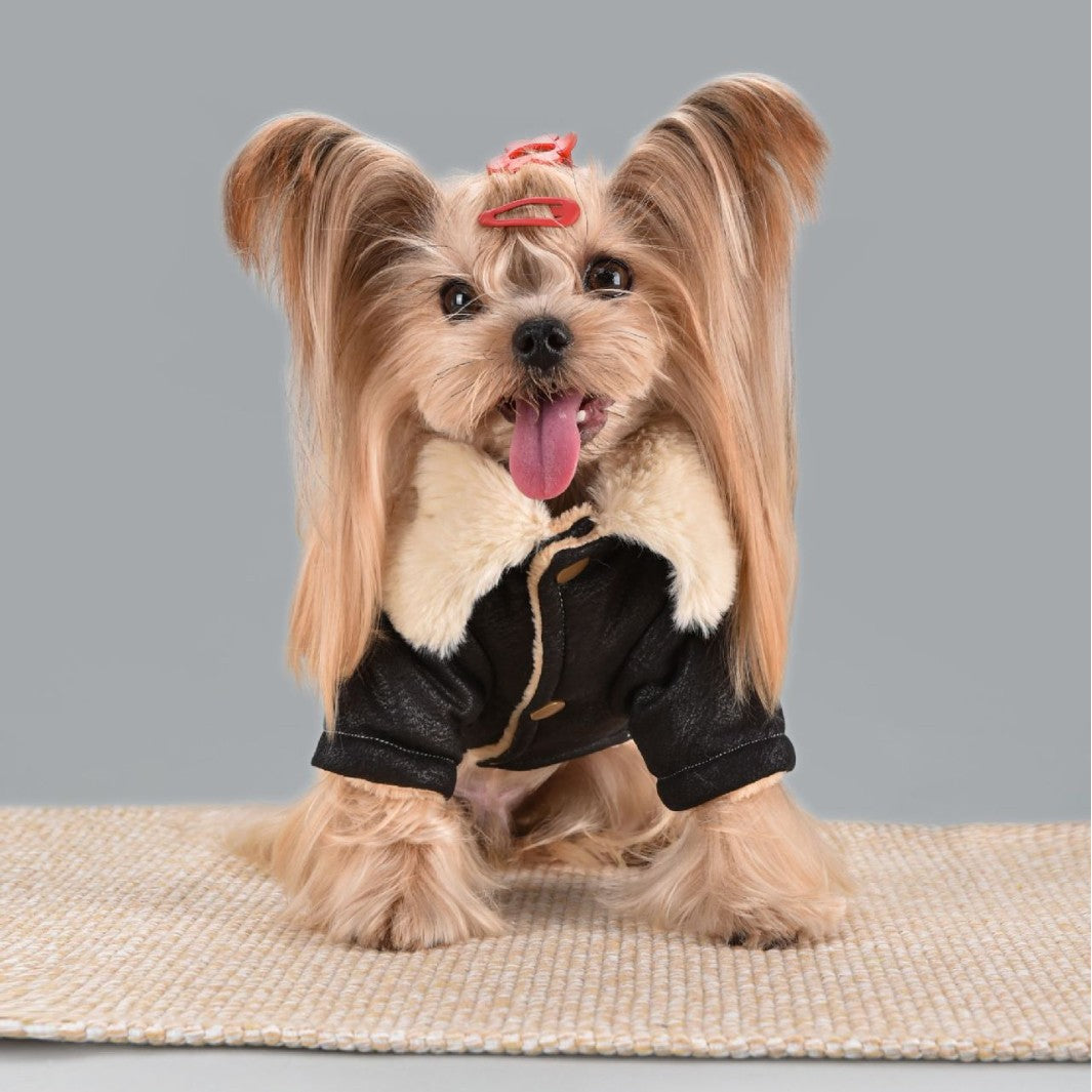 Thick flannel dog jacket with faux fur collar in Brown, side view