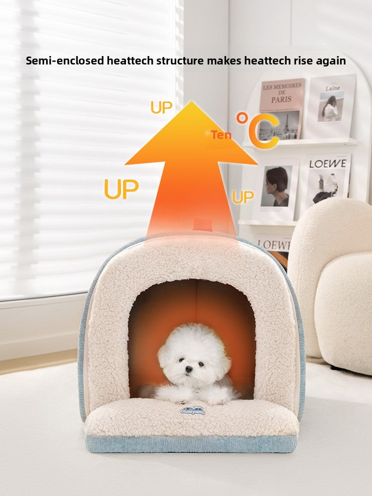 Azure blue semi enclosed roof shaped cat house bed, view 4