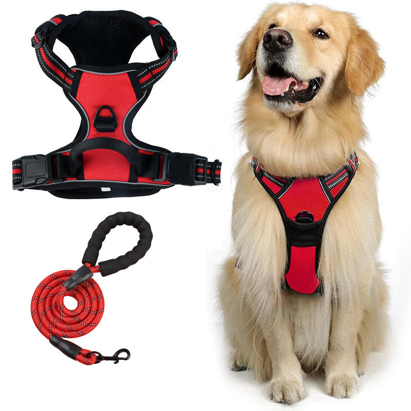 Reflective vest dog harness in black with matching rope lead
