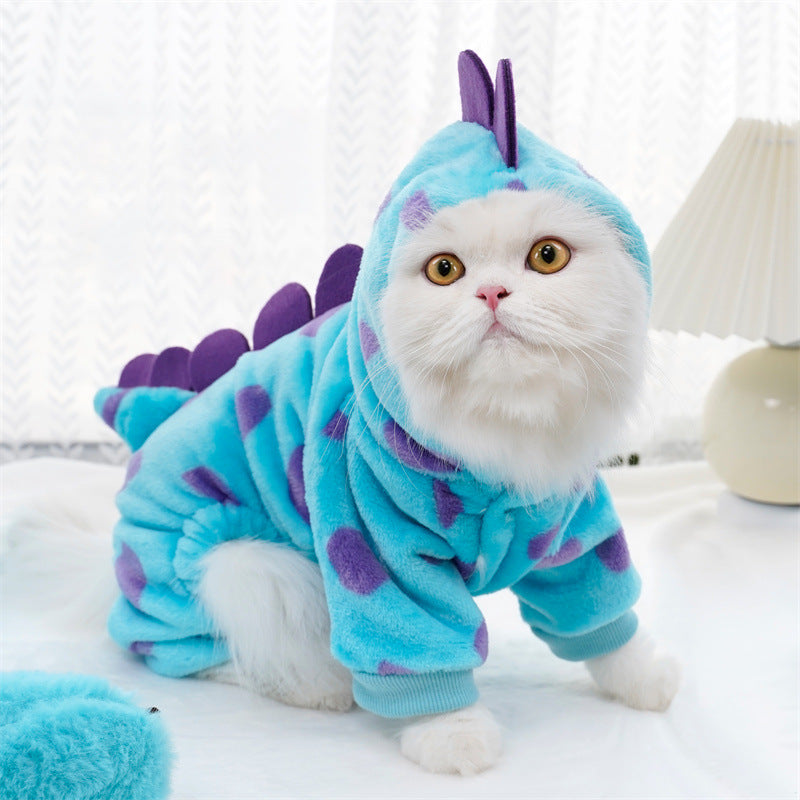 Blue monster flannel four-leg pet onesie in Blue Monster, front view