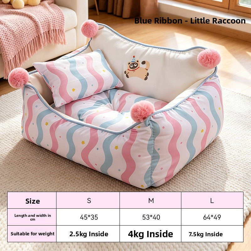 Semi-enclosed sofa style cat bed with striped poodle print, product image 10