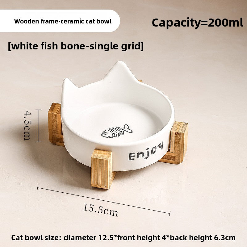Anti-Spill Ceramic Pet Bowl with Wooden Stand and Cat Ear, Paw or Fish Bone Design