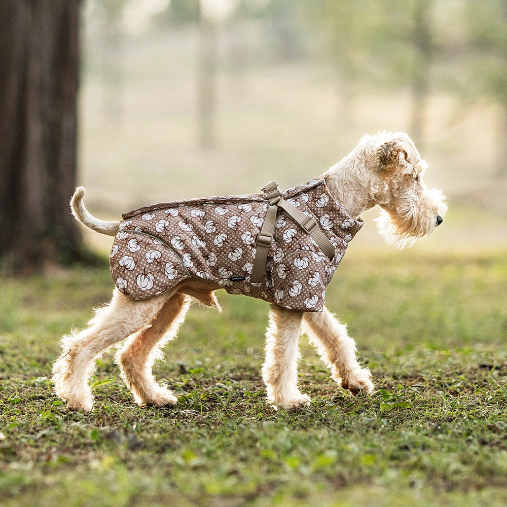 Thick padded windproof dog coats shown in three colourways