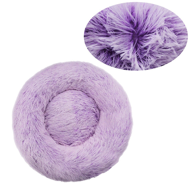 Round long plush nest bed for cats and dogs in Gradient Purple