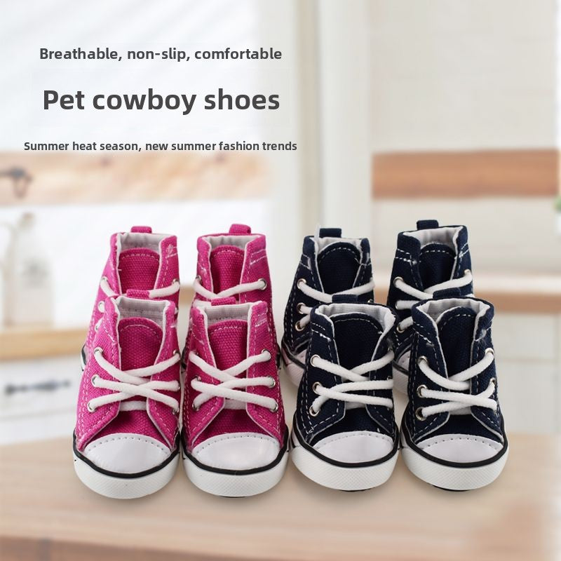 Denim canvas dog shoes with anti-slip sole in Dark Blue, side view