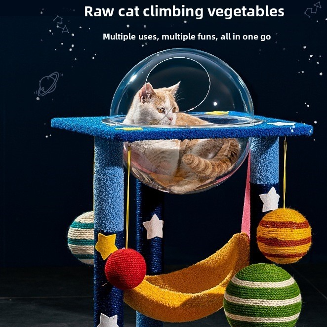 Vertical sisal cat climbing frame with space capsule, main product photo