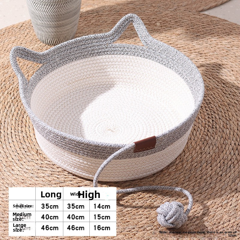Caramel rattan and cotton rope cat bed with play ball, view 7
