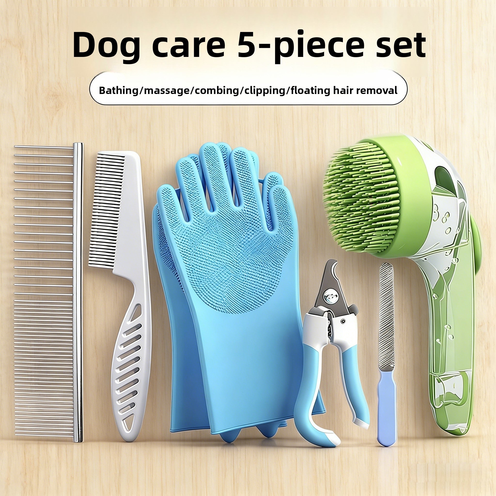 Pet Grooming and Bathing Kit with Silicone Glove and Nail Clipper