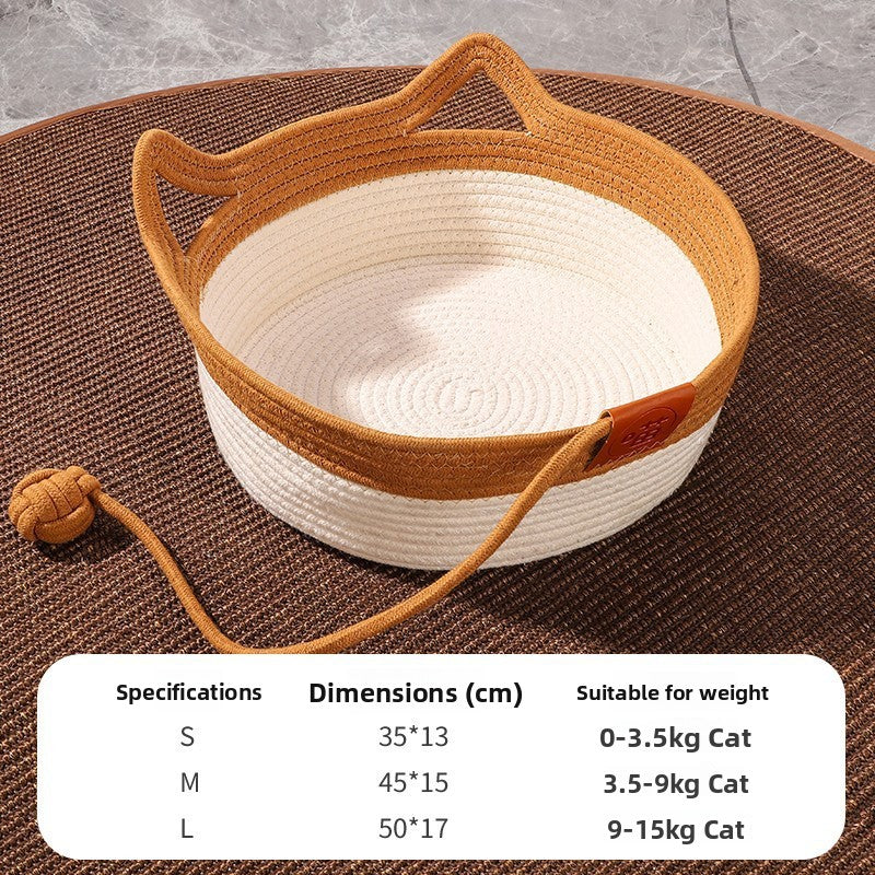Hand woven rattan cat bed with mat and toy ball, view 6