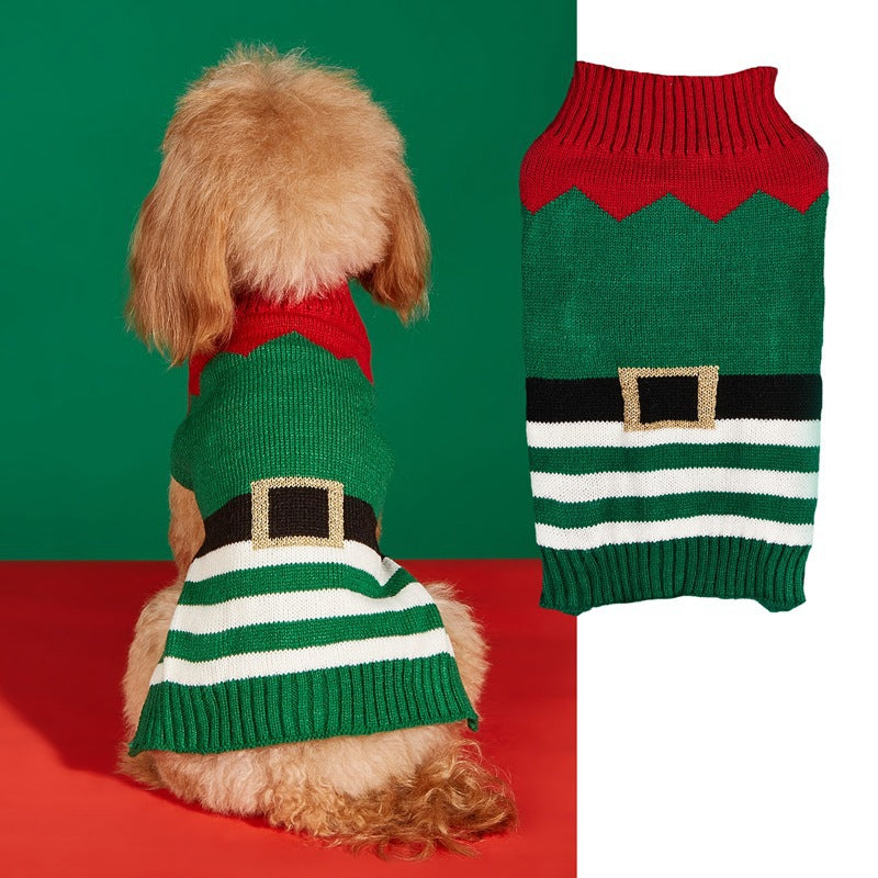 Christmas knitted pet jumper with festive design, in use with a pet