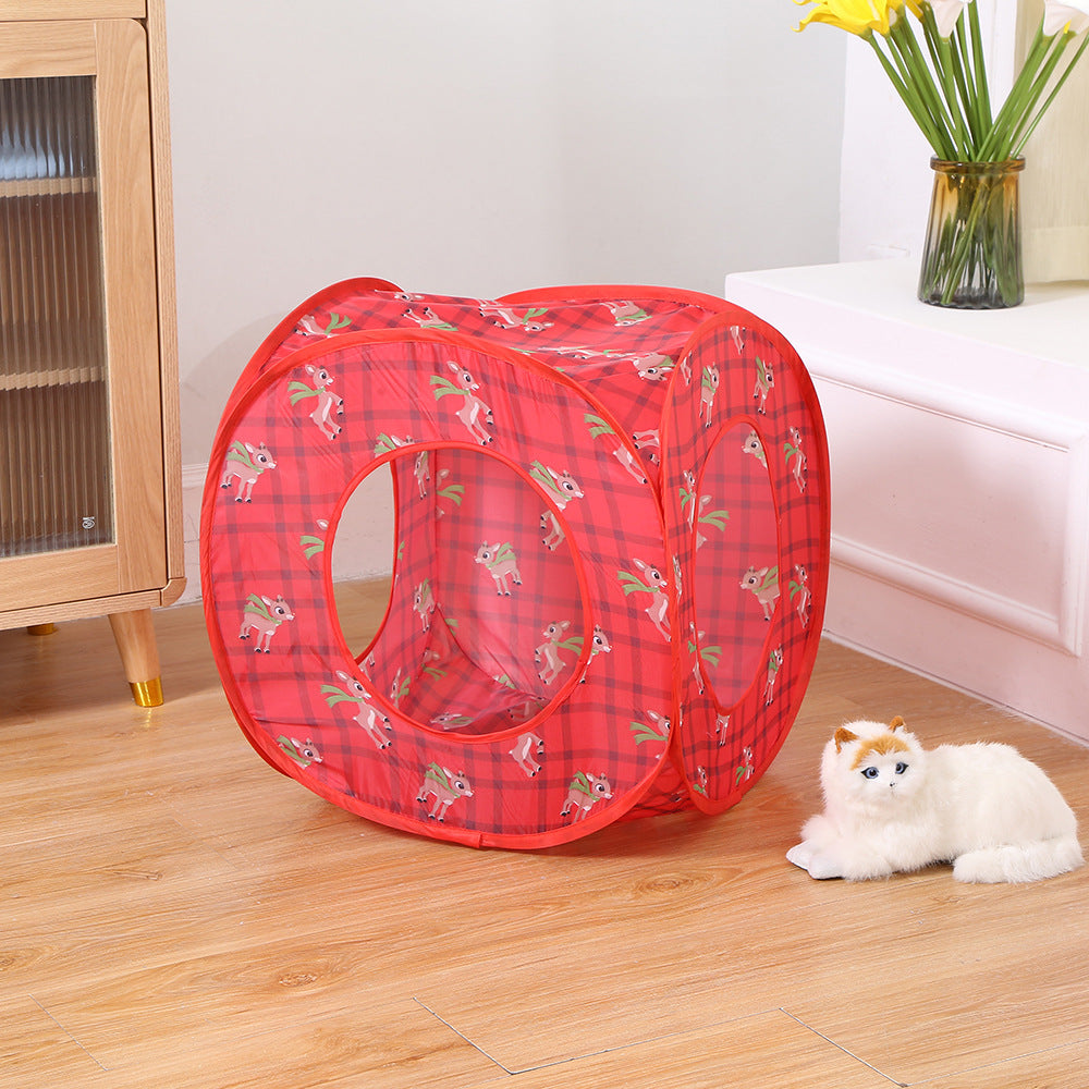 Foldable cat tent bed with play tunnel in rose red, view 9