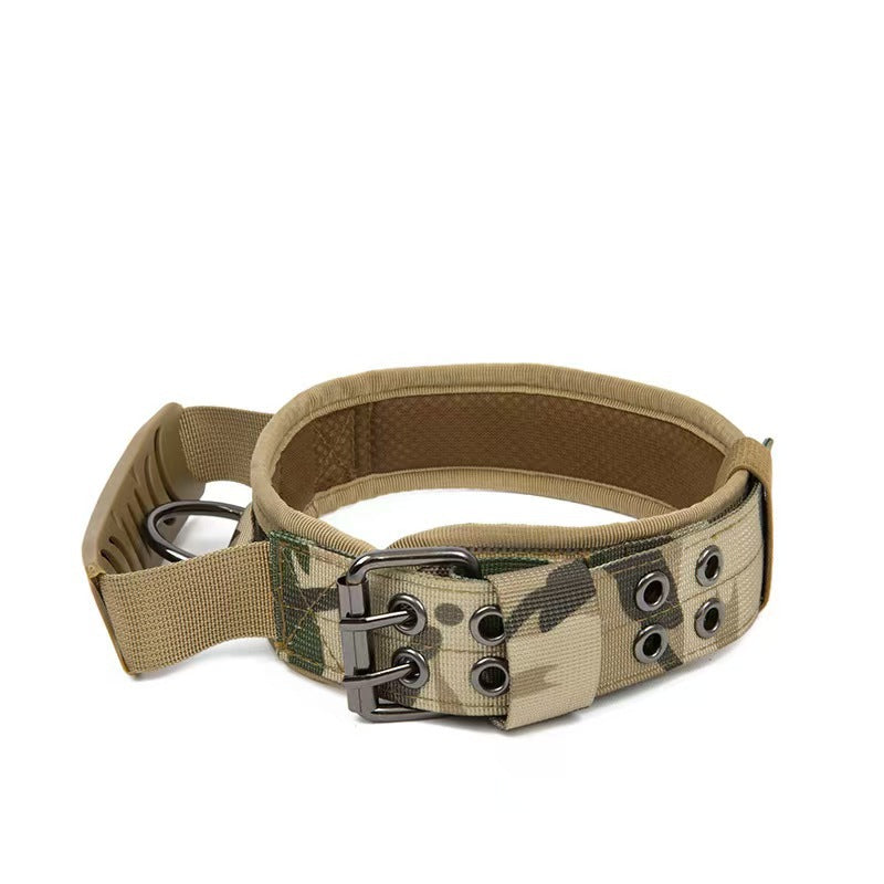 Tactical nylon dog collar with metal buckle in outdoor colours, feature highlight image
