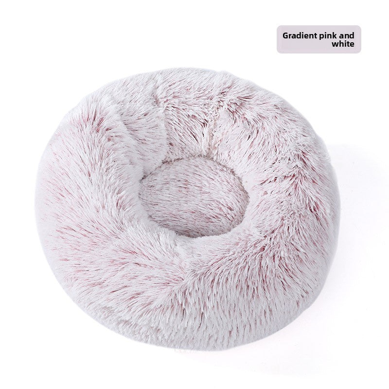 Plush round padded dog and cat bed in Gradient Pink and White