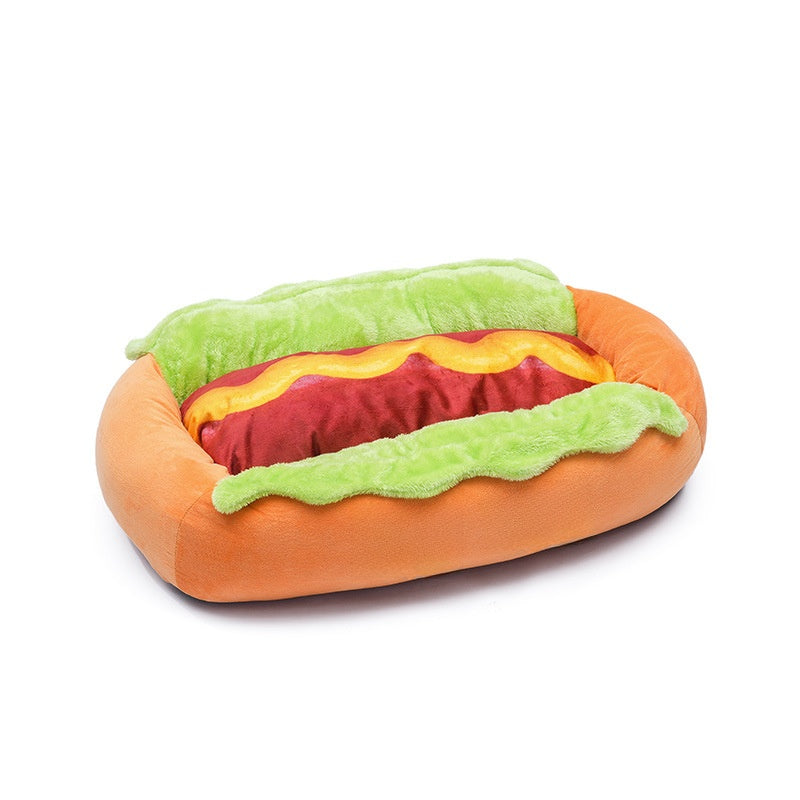 Hot dog pet bed shown in small, medium and large sizes