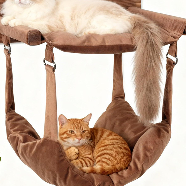 Wooden two-tier cat bed with hanging hammock, product image 1
