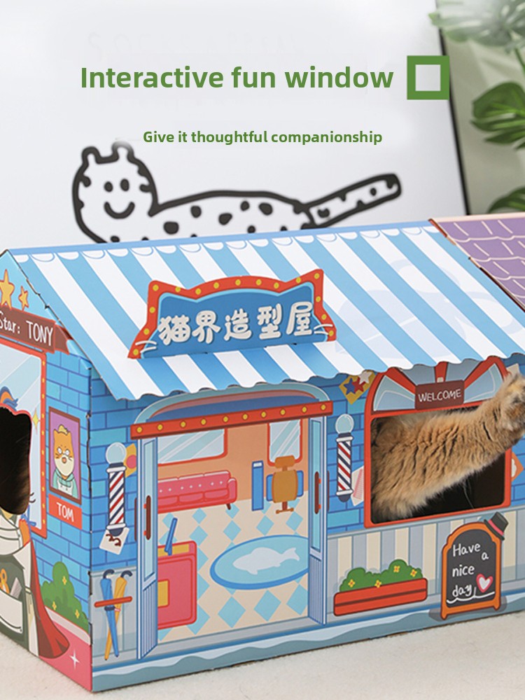 Cat scratching inside a themed cardboard scratcher house