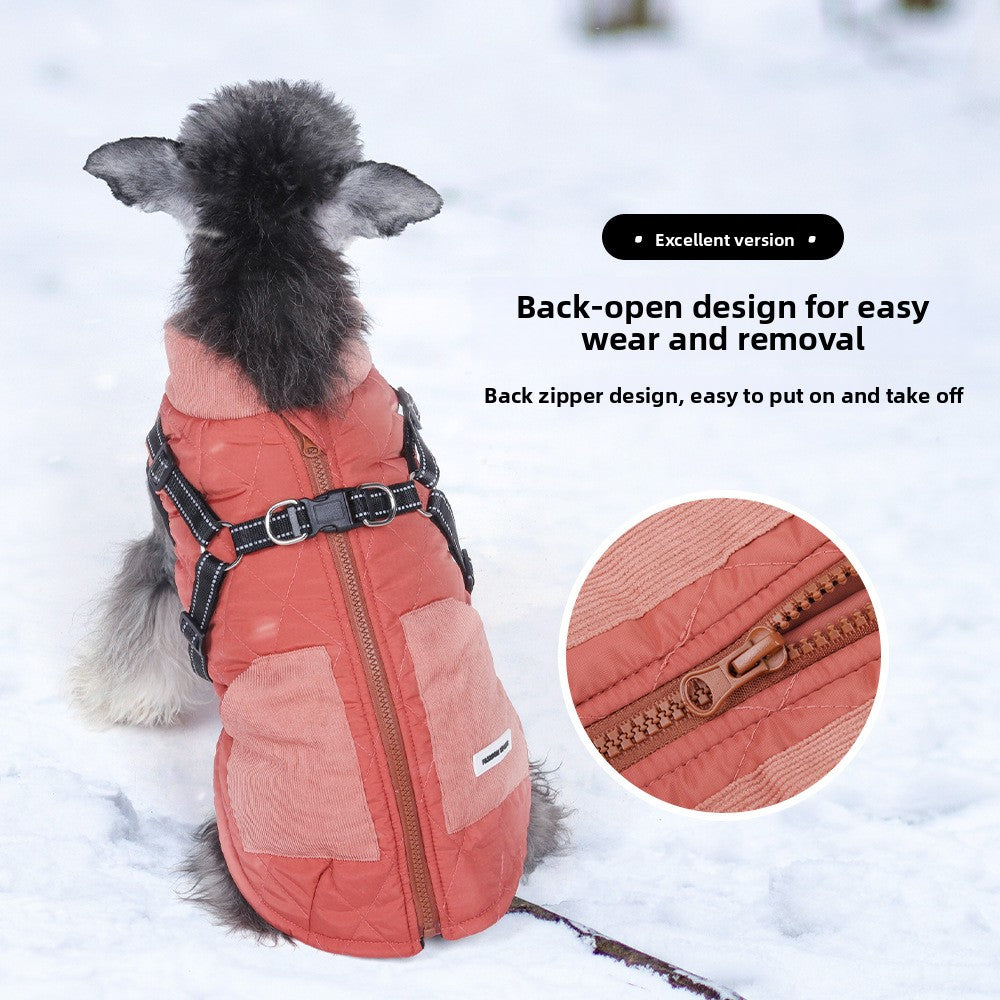 Fleece lined two-leg dog jacket with reflective details in Khaki, close-up detail