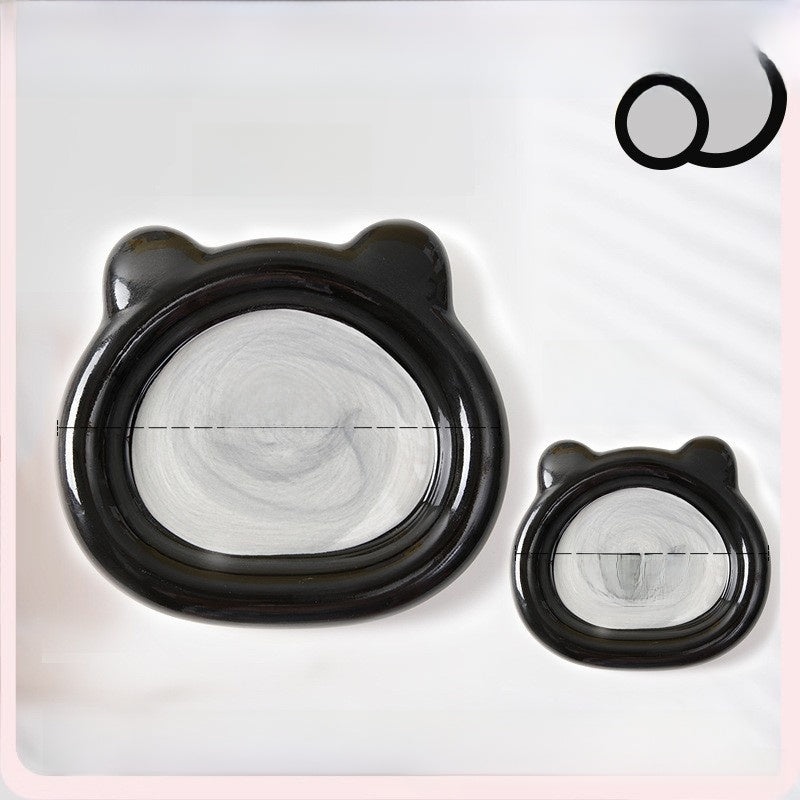 Glazed ceramic pet food plate with bear design in blue and pink, view 27