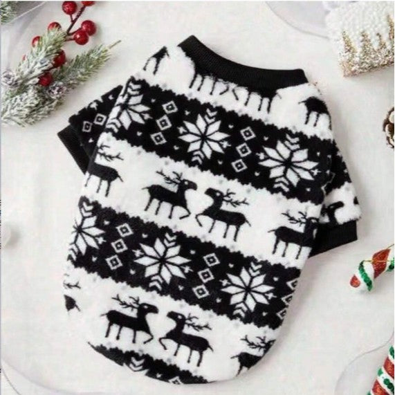 Dog wearing a red Christmas snowflake and reindeer top