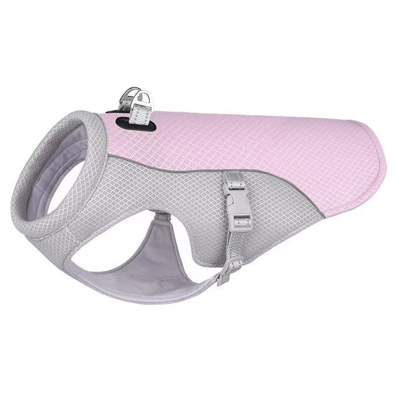Lightweight summer dog vest with reflective trim in Pink, front view