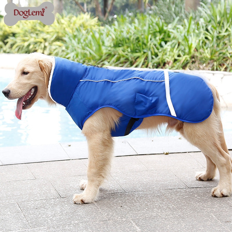 Water-resistant padded dog winter coat with reflective trim in Black, close-up detail