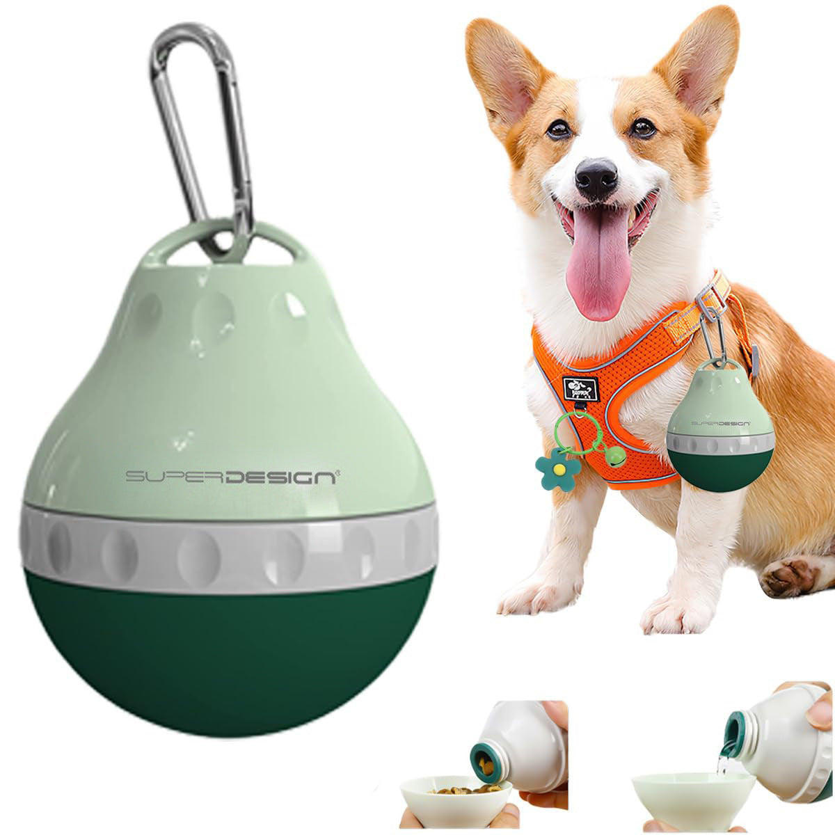 Portable silicone pet water bottle with built-in bowl in Moss Green 200ml, front view
