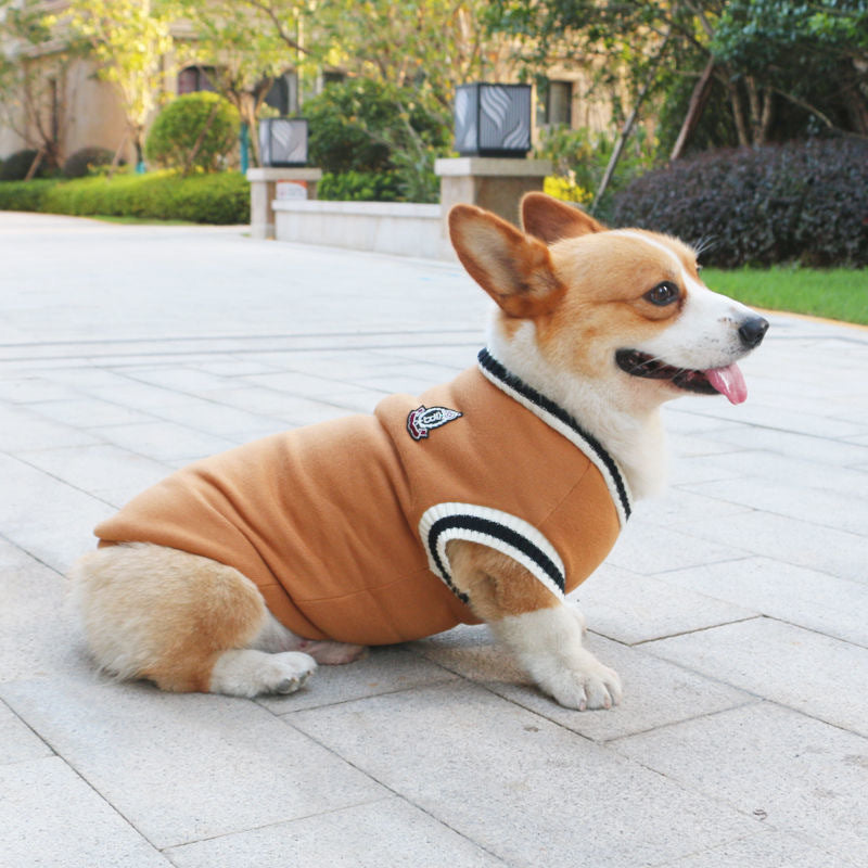 Warm knitted dog vest jumper with pull on design, in use with a pet
