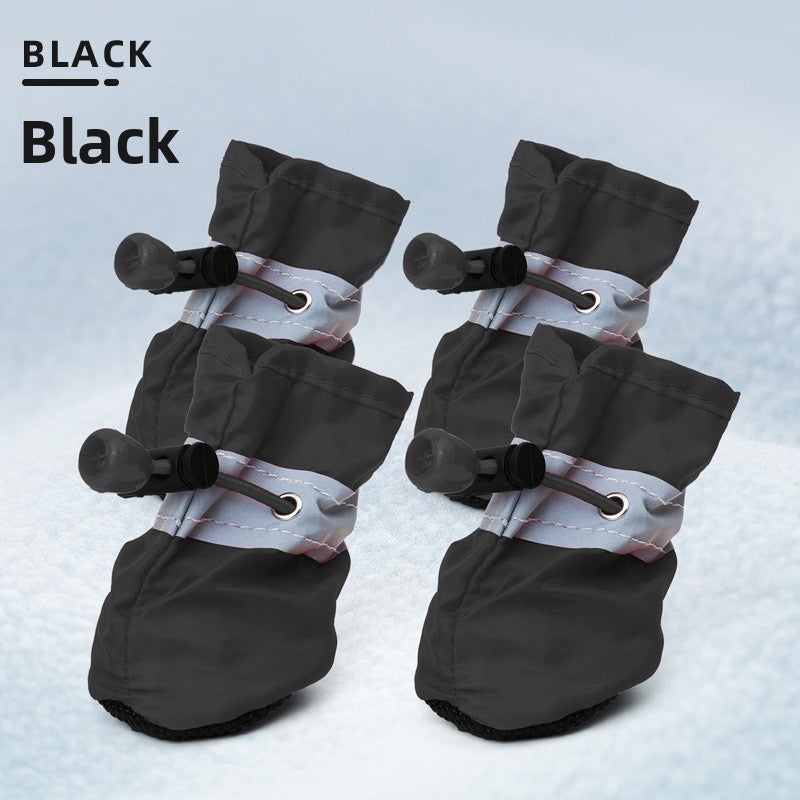 Anti-slip waterproof dog shoes with reflective strips in Black, showing size and shape
