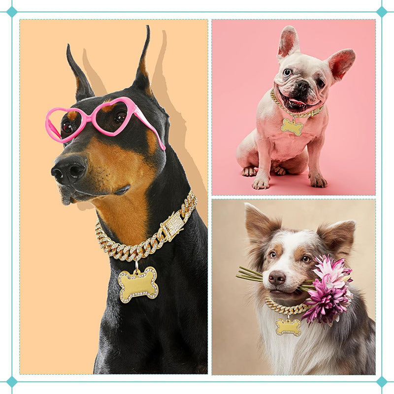 Rhinestone chain pet collar with bone pendant, ideal for everyday use