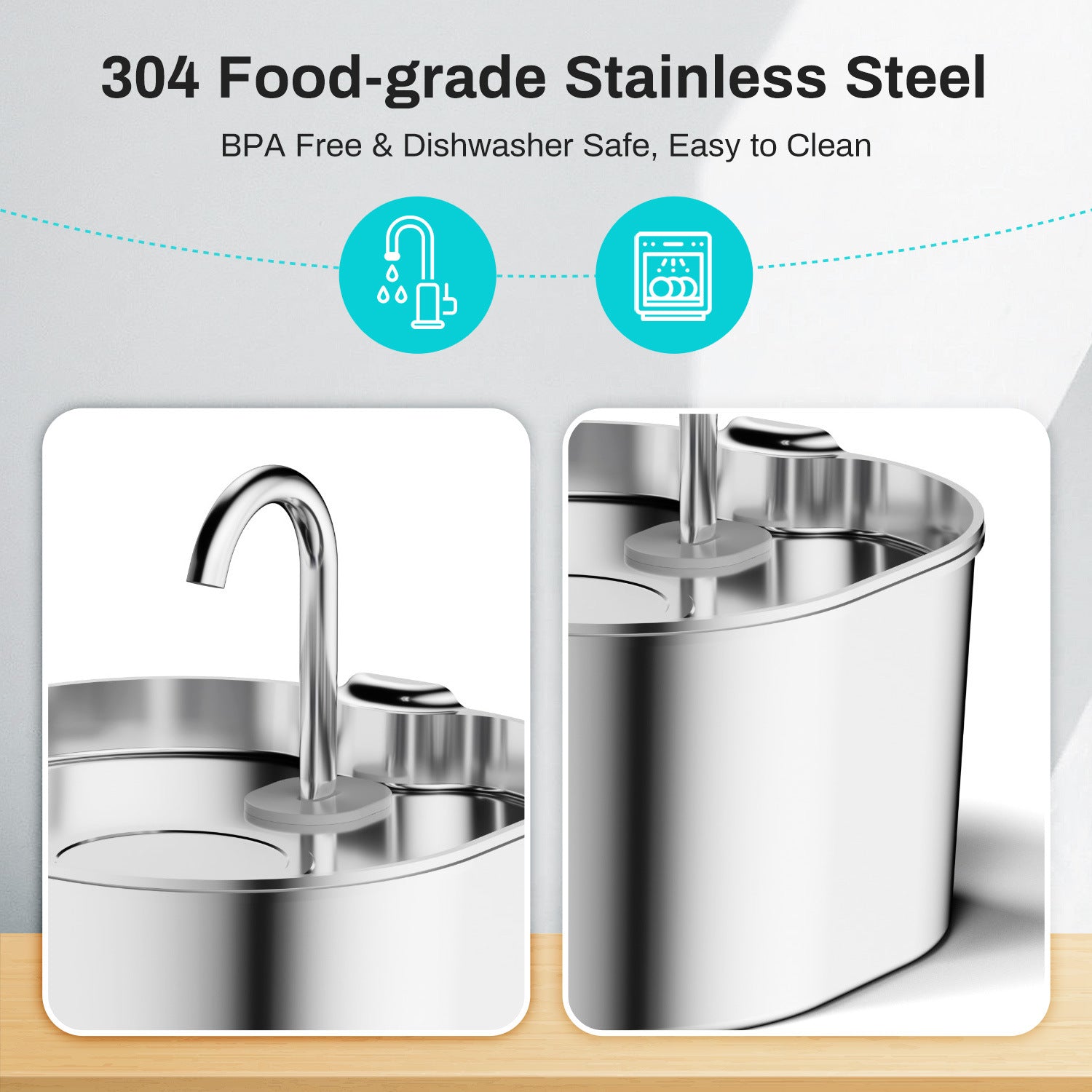 Stainless Steel Pet Water Fountain, 2.2L Capacity with Filters, Quiet USB Pump