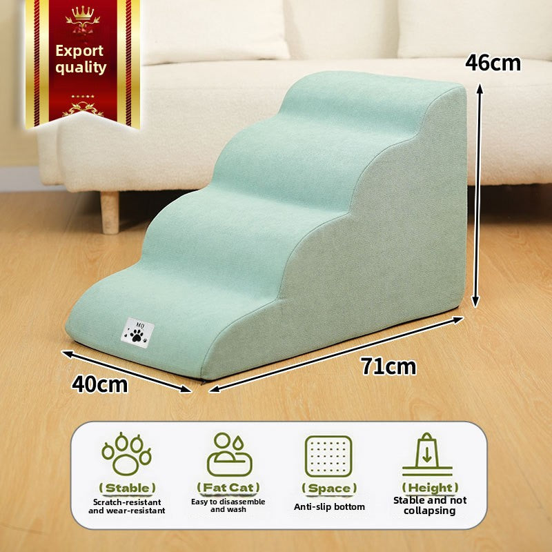 Khaki four-step pet stairs beside a high bed