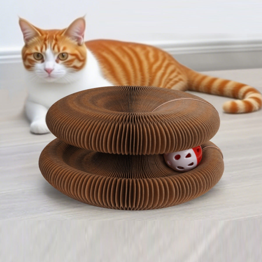 Accordion corrugated cardboard cat scratcher with paw print, photo 4 of 6