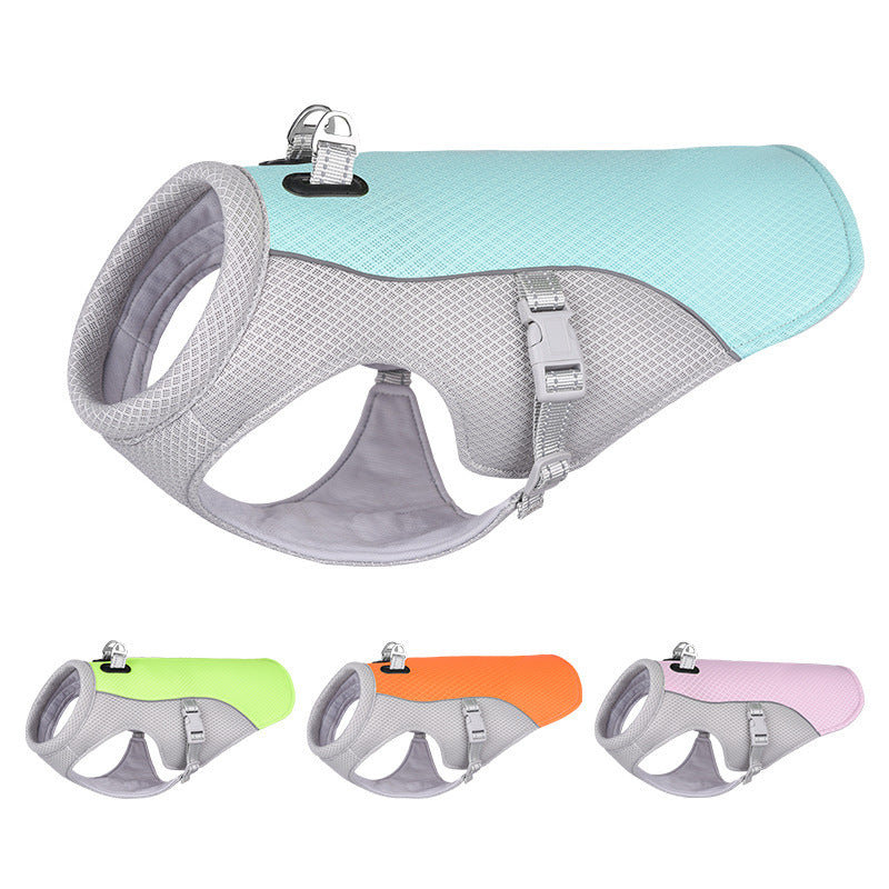 Dog wearing a blue breathable summer cooling vest