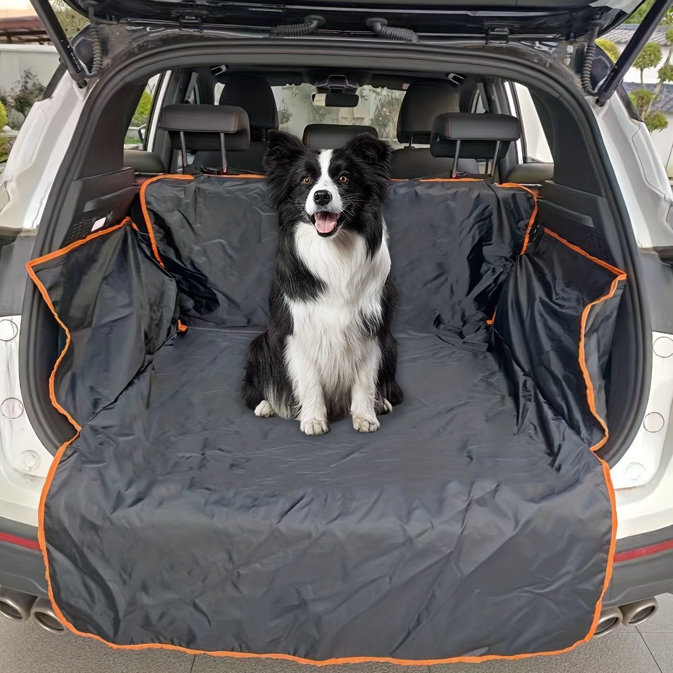 Waterproof dog boot liner with orange edge in a car