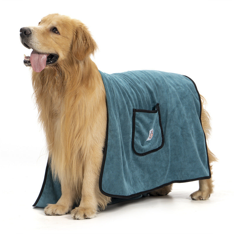 Microfibre pet bath towel with pocket gloves in Dark Grey, in use with a pet
