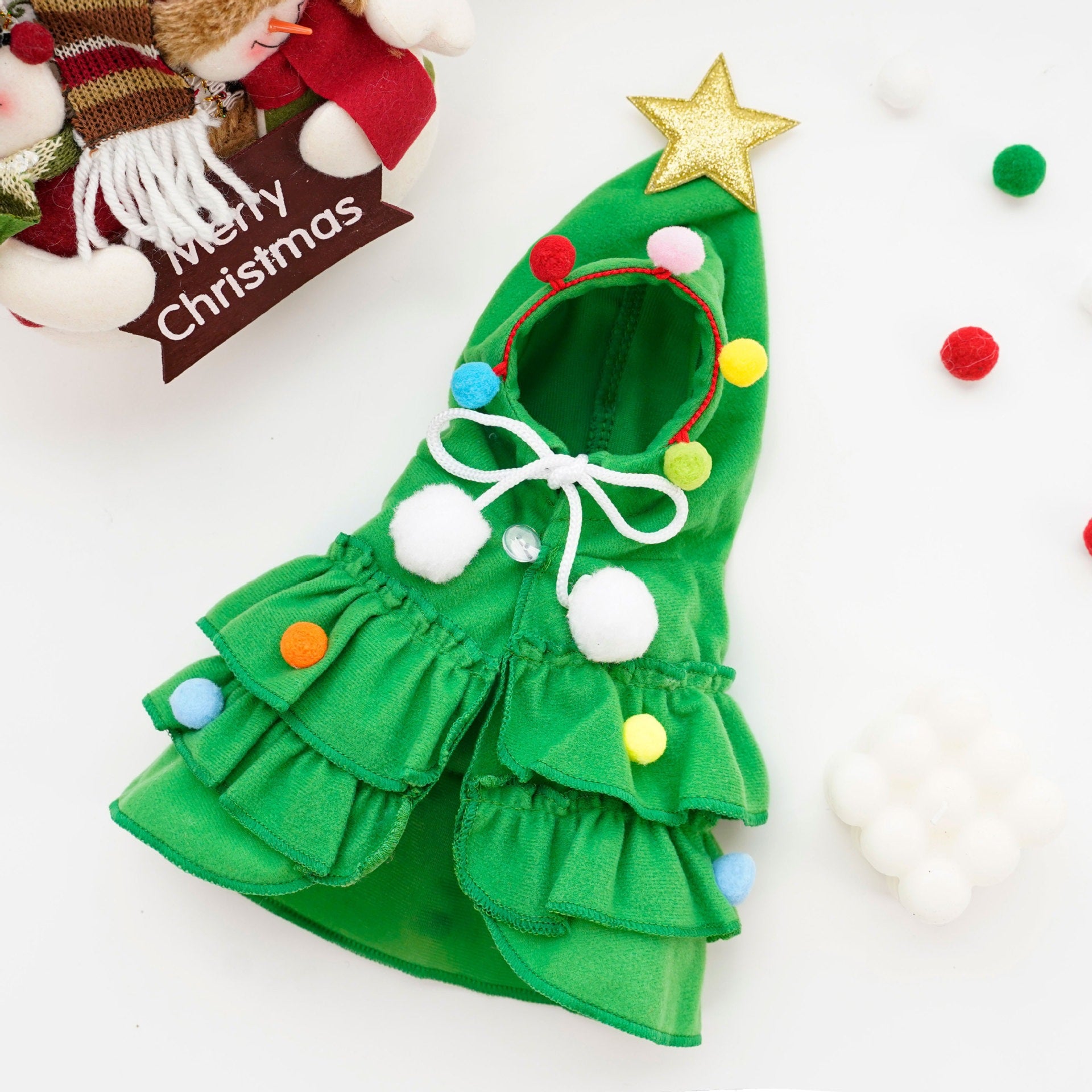 Plush Christmas tree pet capes in green and red