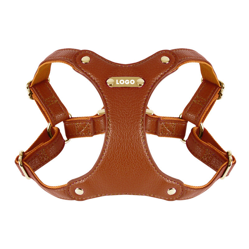 Leather look dog harness in brown with matching lead