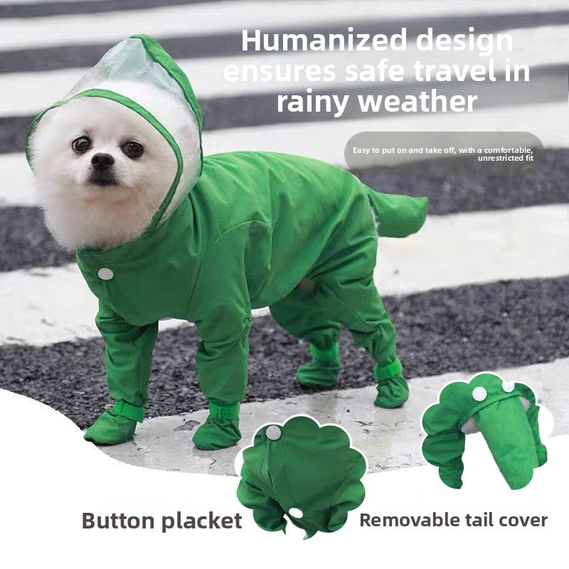 Small dog in a sky blue full cover four leg raincoat