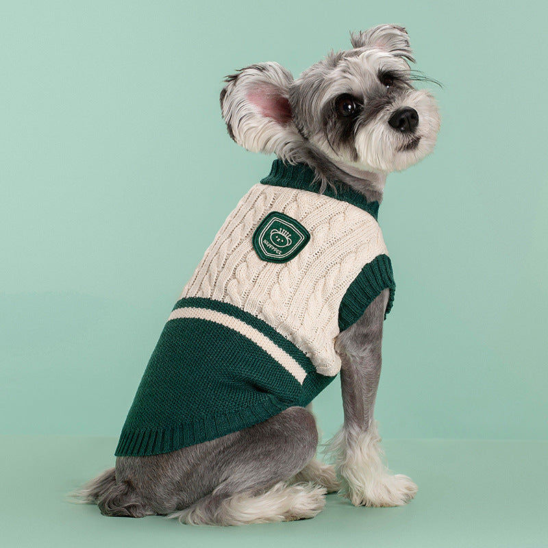 Knitted preppy V-neck pet jumper vest in Red Snowflake, top view