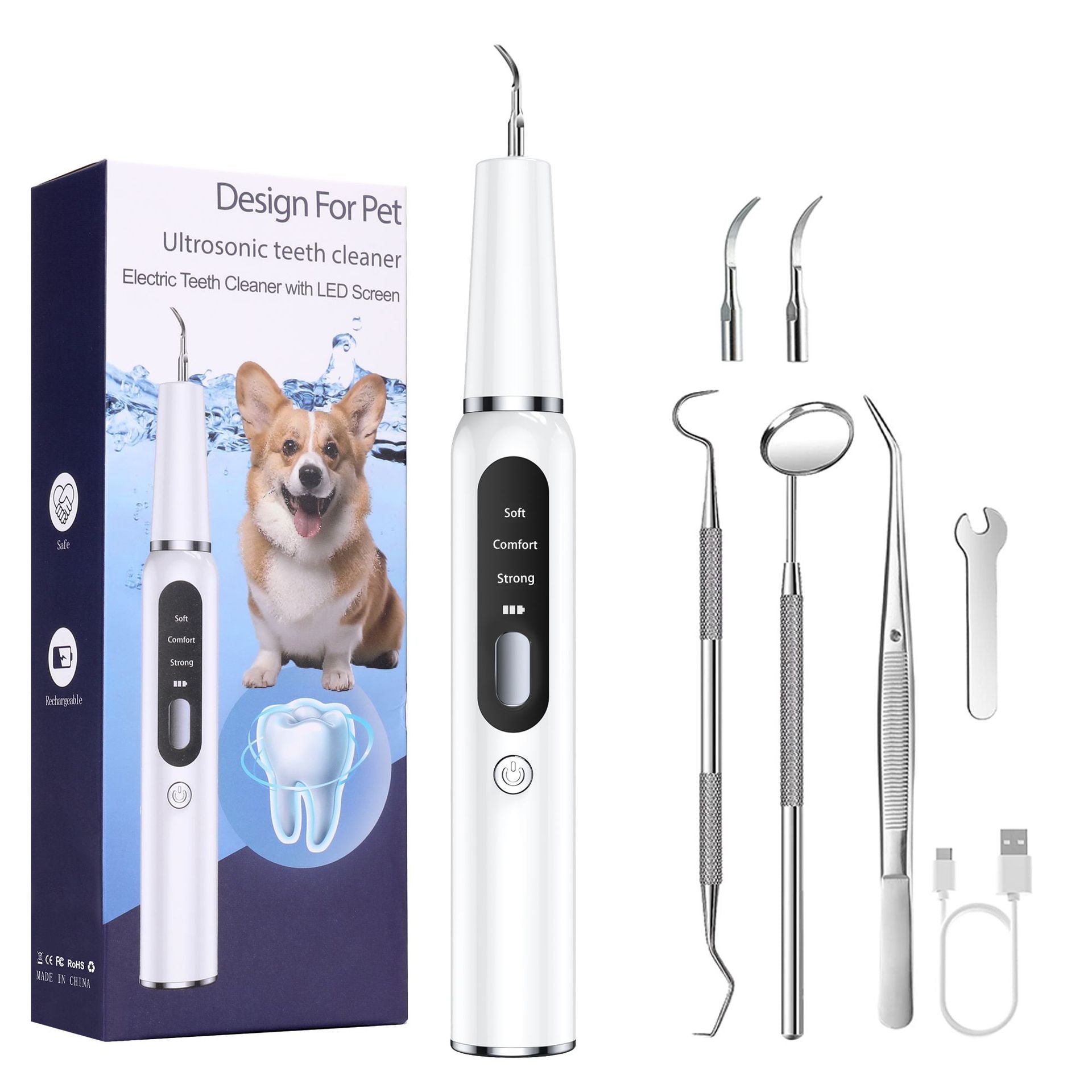 Ultrasonic Pet Tooth Cleaner for Dogs and Cats, Three-Piece Home Dental Care Set