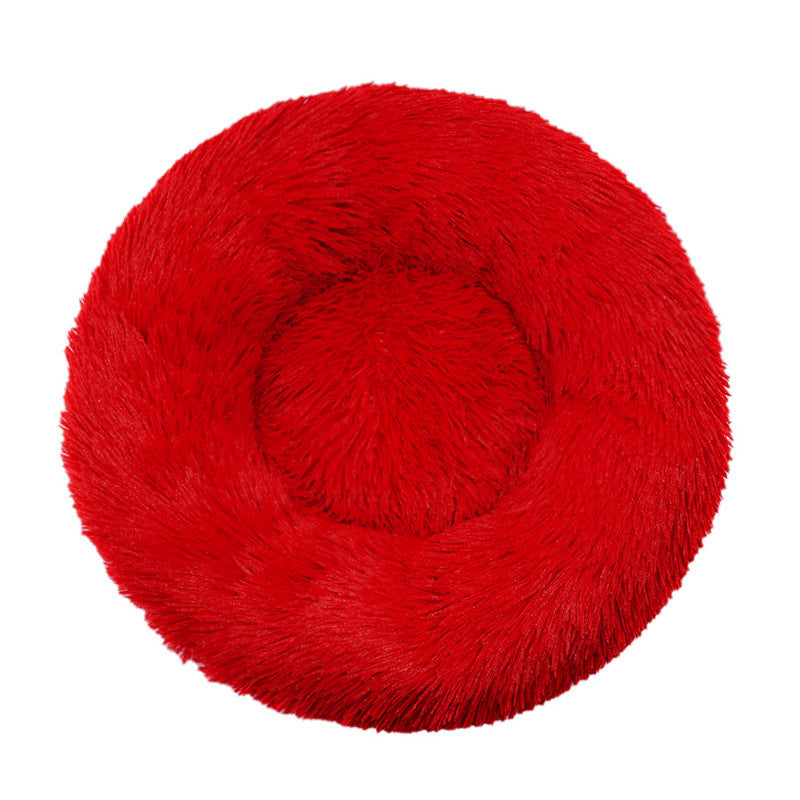 Round long plush nest bed for cats and dogs in Red
